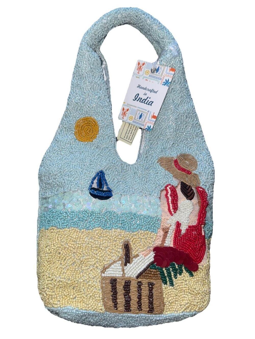 New Release Handcrafted In India Beach Scene Woman Beaded Hobo Bag Viral TikTok - Picture 1 of 2